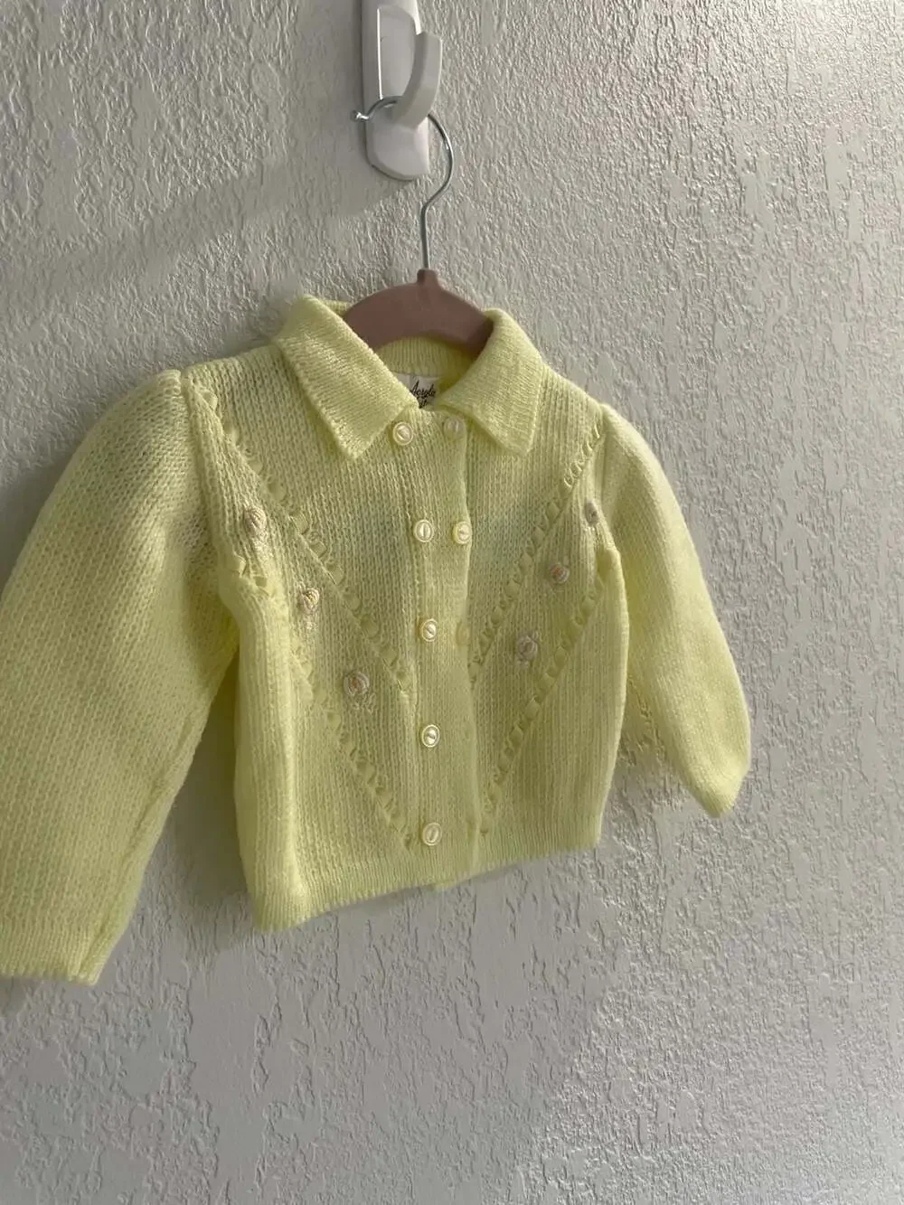 Vintage Yellow Knit Baby Sweater and Footed Pants Set with Floral Embroidery